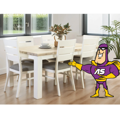 Homestead Dining Suite in White Timber White acacia timber dining suite with chairs set for family